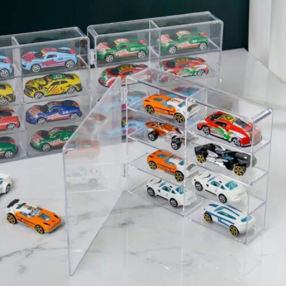 1:64 Display Case with 8 Clear Compartments, Mini Car Organizer for Matchbox and Hot Wheels, 4 Pack Showcase Cabinet